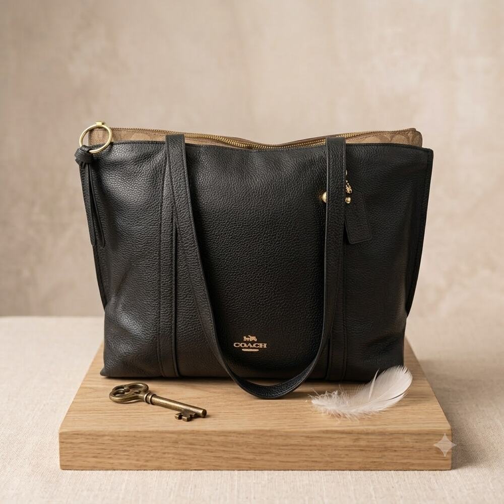 Coach May Tote in Refined Pebble Leather with Signature Canvas Detail - Black